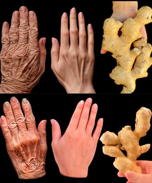 Comparación de manos de diferentes edades junto a jengibre