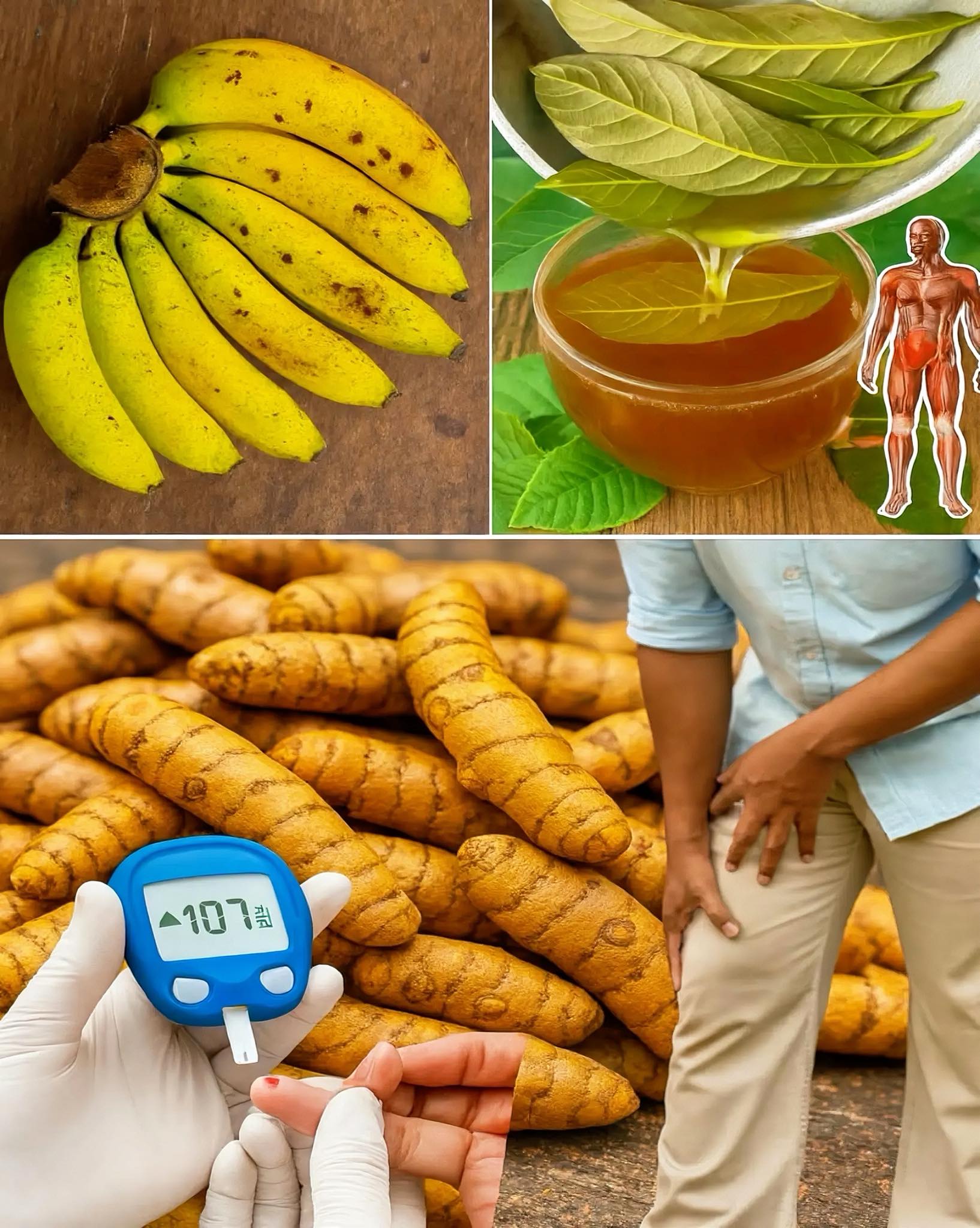 Plátanos, hojas de guayaba y cúrcuma