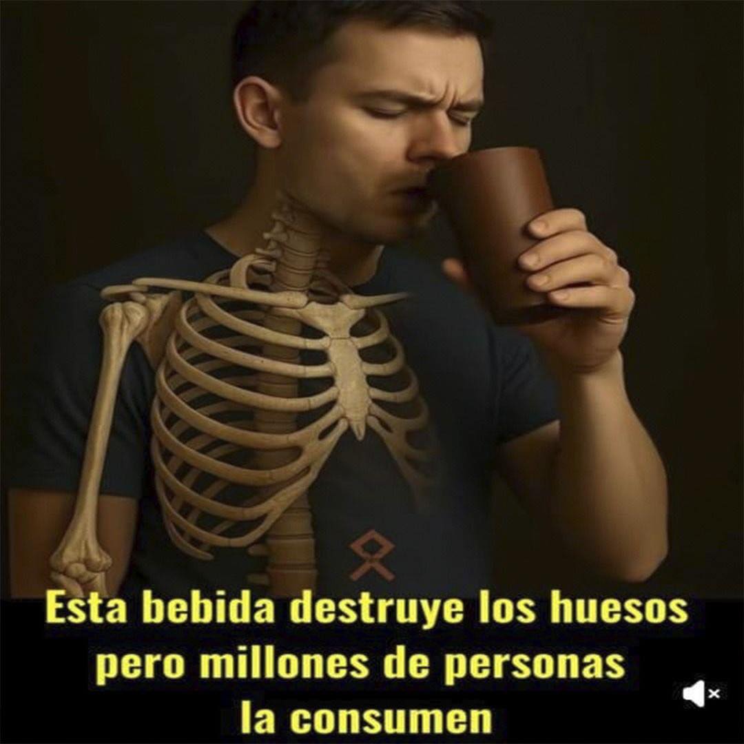Persona bebiendo gaseosa con esqueleto superpuesto