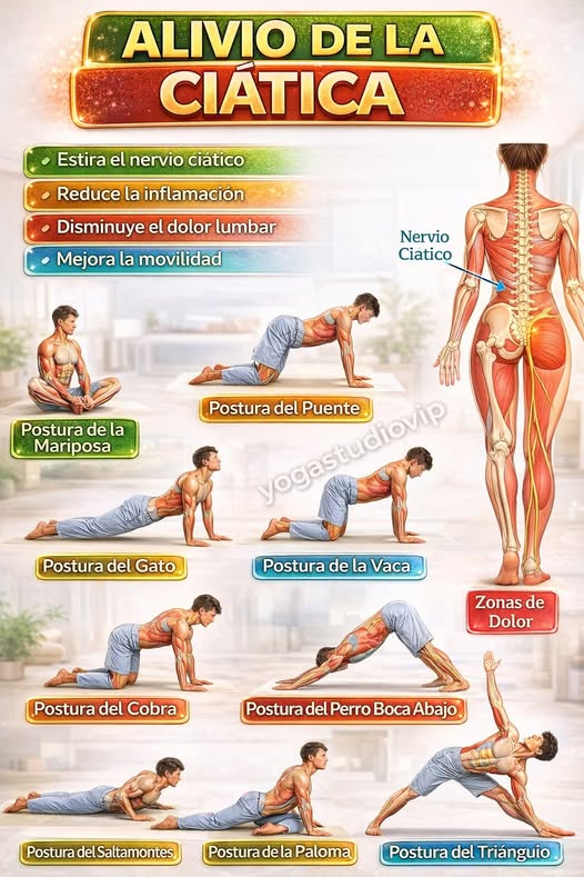 Ilustración del nervio ciático y posturas de yoga
